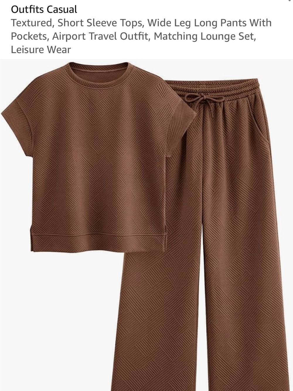Wide-Leg Lounge Set in Brown — Relaxed Short Sleeve Top & Drawstring Pants